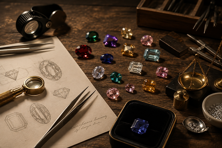 Jeweller's workspace with loose gemstones and tools