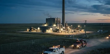 Coal-fired power station with a single conventional stack on the southern Saskatchewan prairie at dusk, contractor service trucks on a gravel road