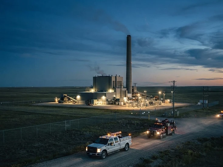 Coal-fired power station with a single conventional stack on the southern Saskatchewan prairie at dusk, contractor service trucks on a gravel road