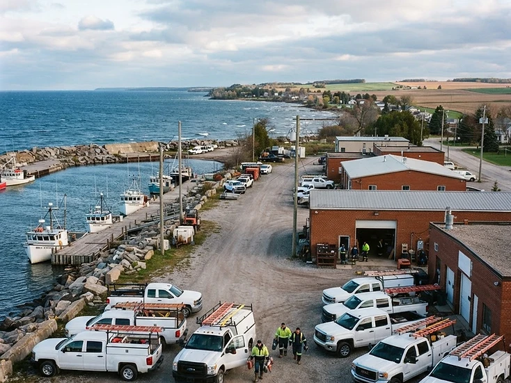 Contractor service trucks and lake-harbour businesses in Kincardine, Ontario