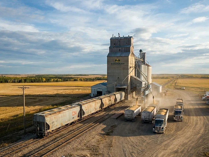 Grain elevators and loaded hopper rail cars on a northeast Saskatchewan rail line at Tisdale