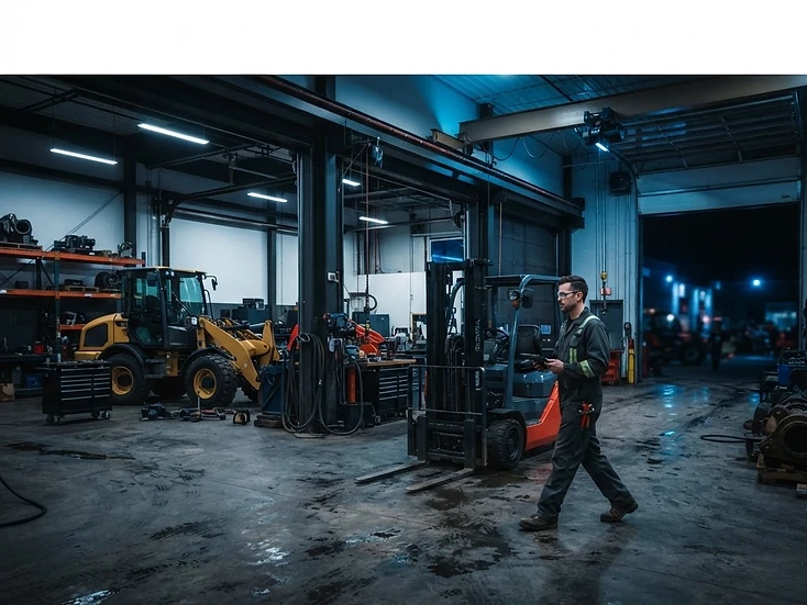 Compact wheel loader and forklift inside a modern equipment dealership service bay