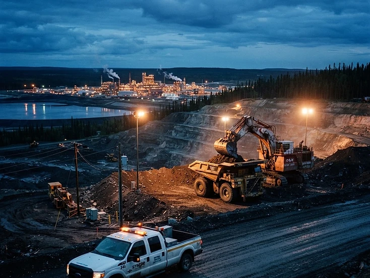 Oil sands surface mine with haul truck and shovel on a terraced face at dusk in the Athabasca region