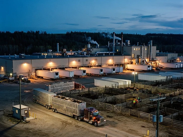 Beef processing facility with refrigerated trailers and stock trailers at corrals in High River at dusk