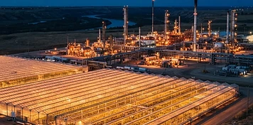 Natural gas facility with lit towers and glowing greenhouse ranges over the South Saskatchewan valley in Medicine Hat at dusk