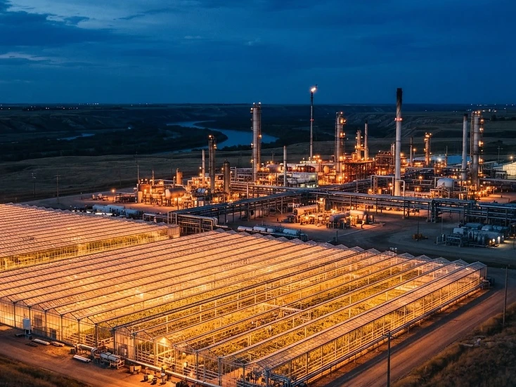 Natural gas facility with lit towers and glowing greenhouse ranges over the South Saskatchewan valley in Medicine Hat at dusk