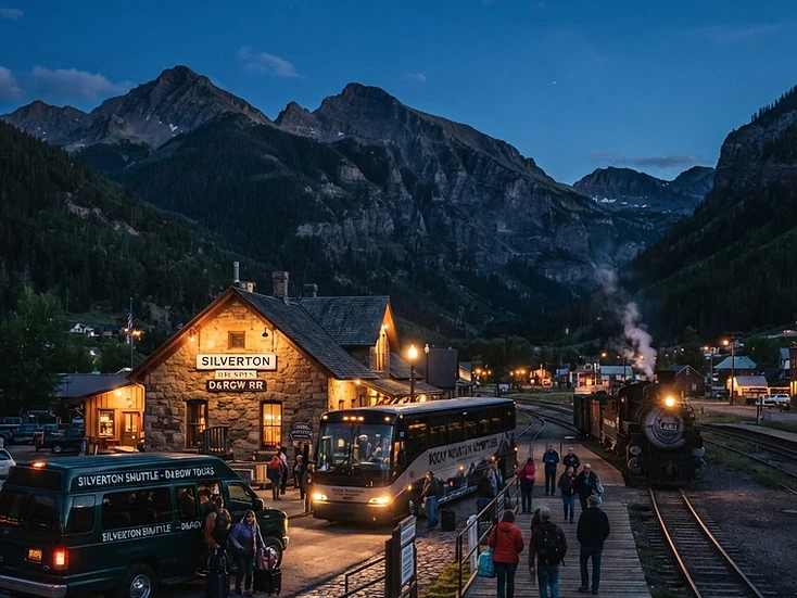Historic railway station platform with passenger shuttle van and tour bus waiting under Rocky Mountain peaks in Jasper at dusk