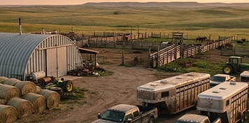 Stock trailers and ranch equipment in foothills ranch country near Cardston, Alberta
