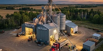 Seed cleaning plant with augers and a loaded grain truck in parkland country near Vermilion at dusk