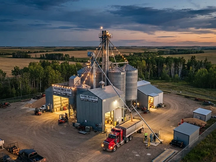 Seed cleaning plant with augers and a loaded grain truck in parkland country near Vermilion at dusk