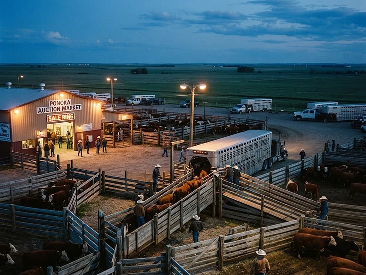 Cattle auction market with wooden pens, stock trailers and loading chutes at Ponoka at dusk