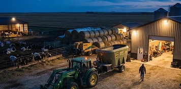 Feed mixer and loader tractor at a farm shop yard with hay bales near Lacombe at dusk
