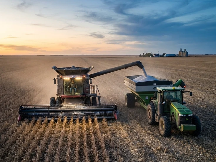 Combine unloading dry beans into a grain cart during the southern Manitoba harvest
