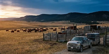 Ranch truck with stock trailer at wooden corrals on foothills rangeland near Cochrane at dusk