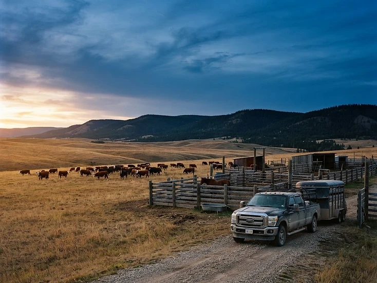 Ranch truck with stock trailer at wooden corrals on foothills rangeland near Cochrane at dusk