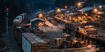 Sawmill with lit log decks and a loader beside the CN mainline in Edson at dusk