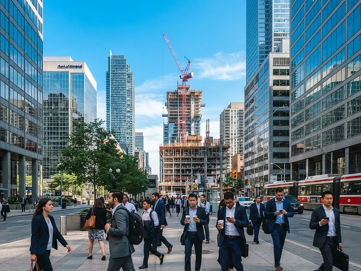 Business professionals and active construction on a bright financial-district street in Toronto, Ontario