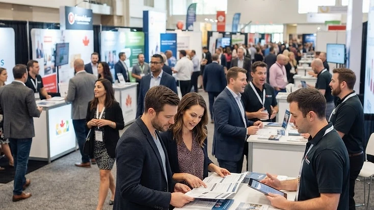 Illustrative Canadian franchise and small-business expo environment — exhibitors and prospective franchise owners talking at display counters in a bright trade-show hall.