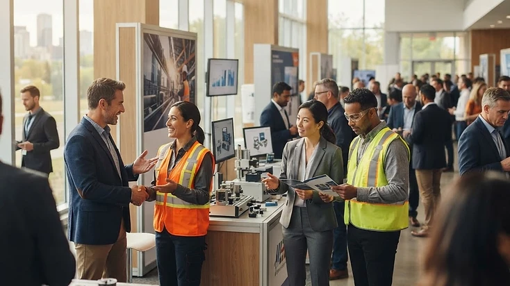 Illustrative Saskatchewan business-event environment — entrepreneurs, operators and exhibitors connecting at a bright Canadian trade-show venue.