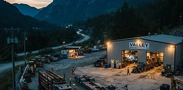 Resource service yard with log trucks and lowbed trailer at an industrial shop in a mountain pass valley at dusk