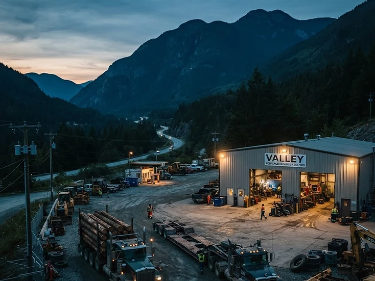 Resource service yard with log trucks and lowbed trailer at an industrial shop in a mountain pass valley at dusk