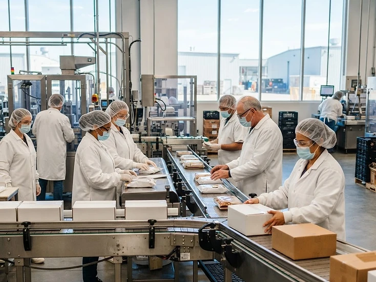 Crew working along a bright packaging line in a London, Ontario food-processing plant