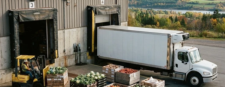 Refrigerated truck at the loading dock of a Grand Falls agri-food warehouse.