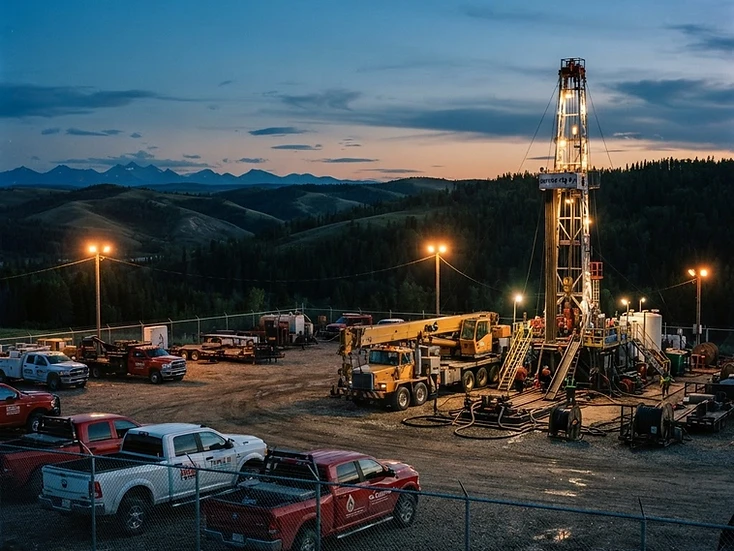 Oil and gas service yard with picker truck and well-servicing rig at the Alberta foothills near Rocky Mountain House at dusk