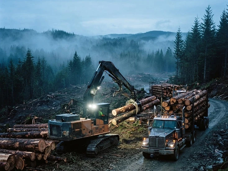 Commercial forestry machine working a cut block at first light