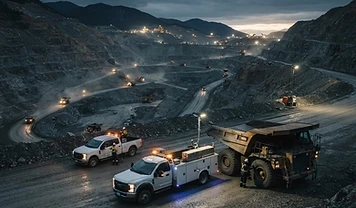 Commercial mine service operation at dusk with haul truck and work lights