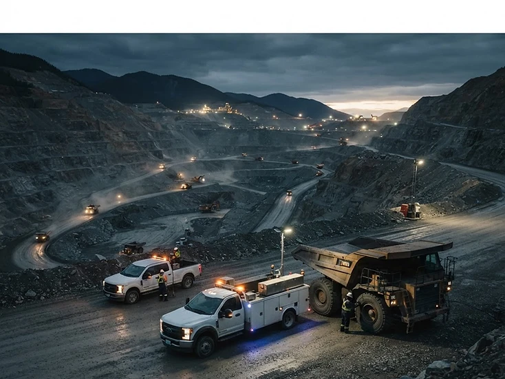 Commercial mine service operation at dusk with haul truck and work lights
