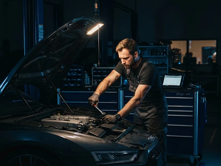 Mechanic working on equipment in a professional auto repair shop