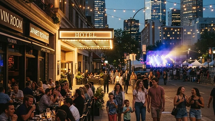 Restaurant patios and hotel entrance with families and visitors on a downtown Edmonton street on a festival evening