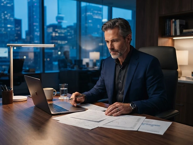 Canadian business owner reviewing financing documents at a desk in a modern office