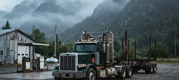 Commercial log truck parked at a northern transport service yard with Restigouche mountains behind.