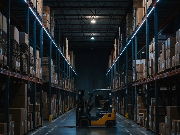 Asset-rich Canadian warehouse interior at night with inventory pallets and a forklift