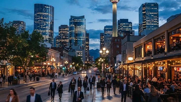 Downtown Calgary office towers and business district with pedestrians and restaurant patios at dusk