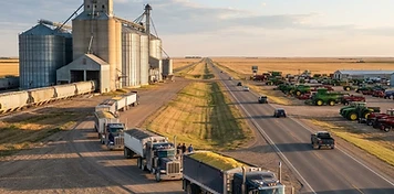 Grain trucks at a large high-throughput elevator and an agricultural equipment dealership yard on Highway 11 at Davidson, Saskatchewan