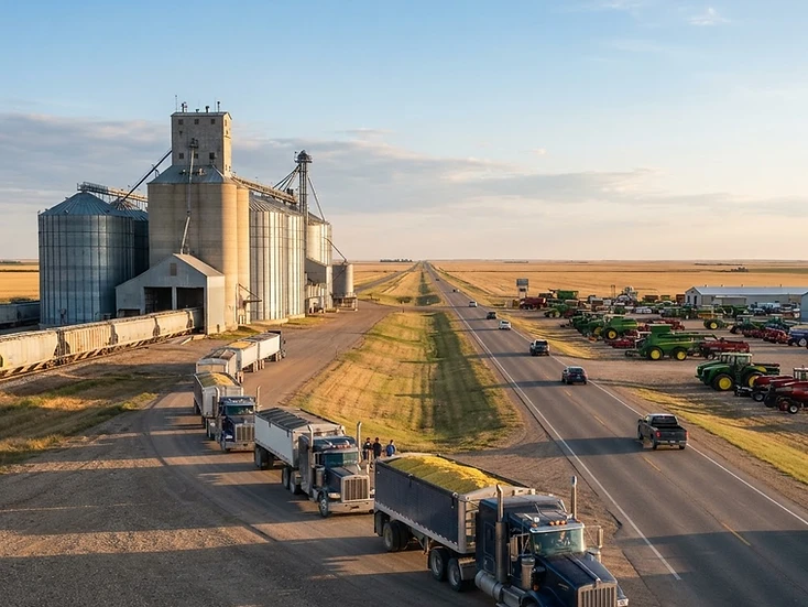 Grain trucks at a large high-throughput elevator and an agricultural equipment dealership yard on Highway 11 at Davidson, Saskatchewan