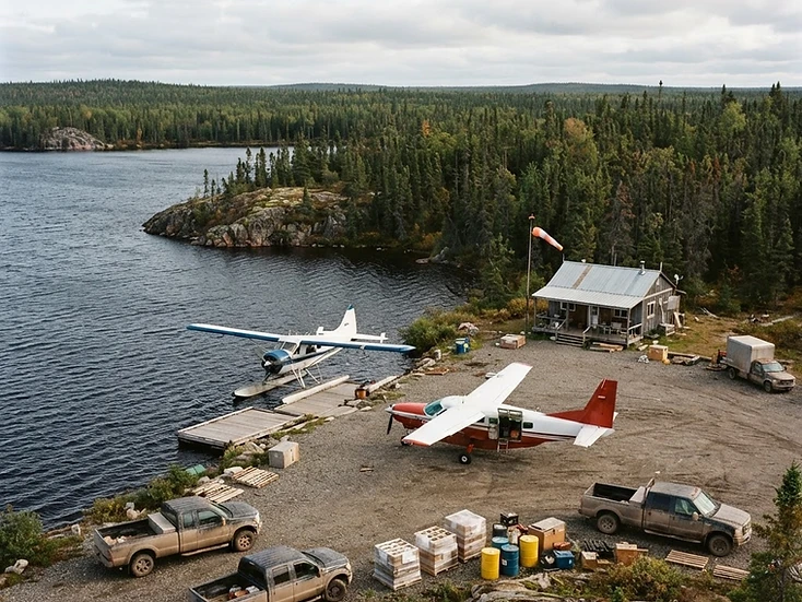 Floatplane and turbo-prop aircraft at a subarctic Athabasca Basin aviation base with supply trucks at Stony Rapids, Saskatchewan