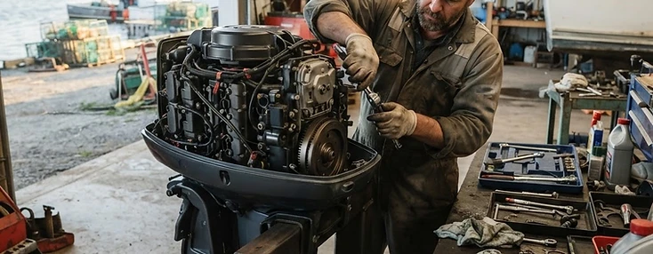 Mechanic overhauling an outboard engine on a stand in a Shippagan marine-repair shop.