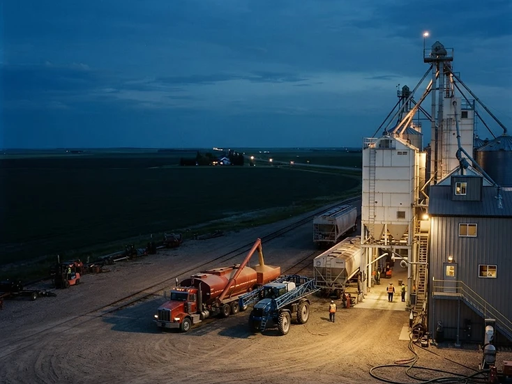 Seed treatment facility with bins and rail spur, fertilizer tender truck and sprayer in Coaldale at dusk