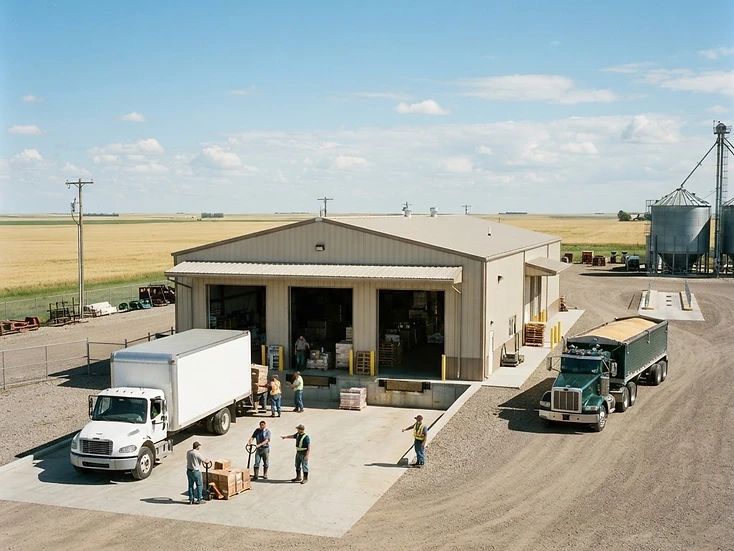 Team coordinating beside a delivery truck at a modern Manitoba distribution facility with prairie fields beyond