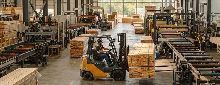 Forklift moving bundled lumber on the floor of a modern Edmundston wood-products plant.