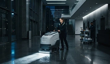 Commercial cleaning crew member working an office lobby at night