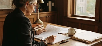 Professional reviewing files at a desk in a Rothesay office, river light through the window.