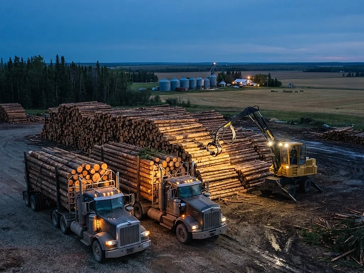 Logging trucks and forestry service equipment with farmland near High Prairie, Alberta