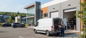 Service van at the open bay of a modern Dieppe business-park building.