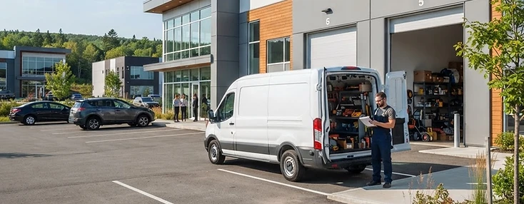Service van at the open bay of a modern Dieppe business-park building.