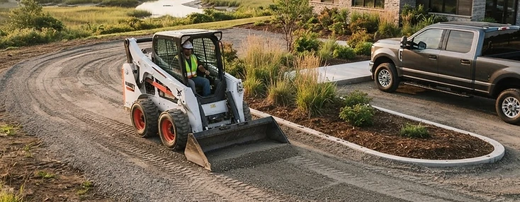 Skid-steer loader servicing the grounds of a small commercial property in Bouctouche.